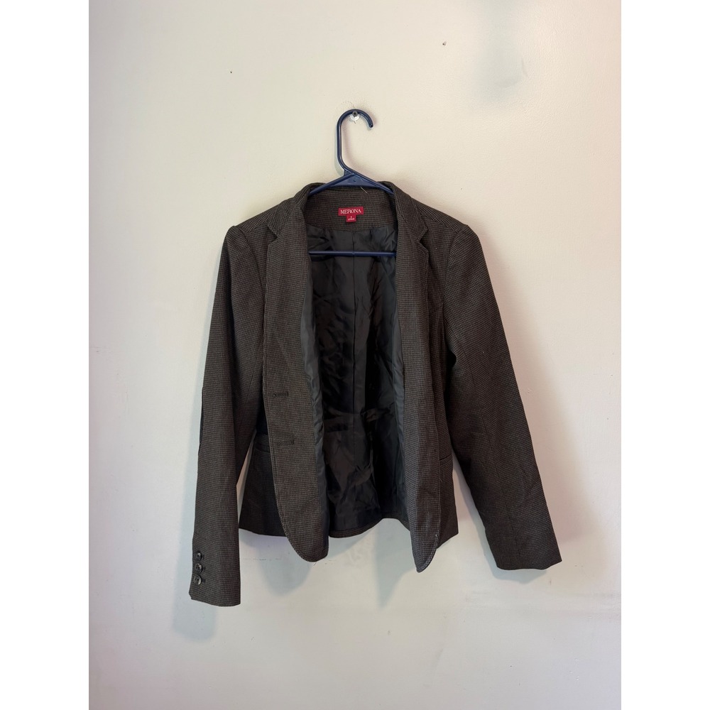 Merona Womens Brown Houndstooth Blazer Elbow Patches Academic Jacket‎ Small